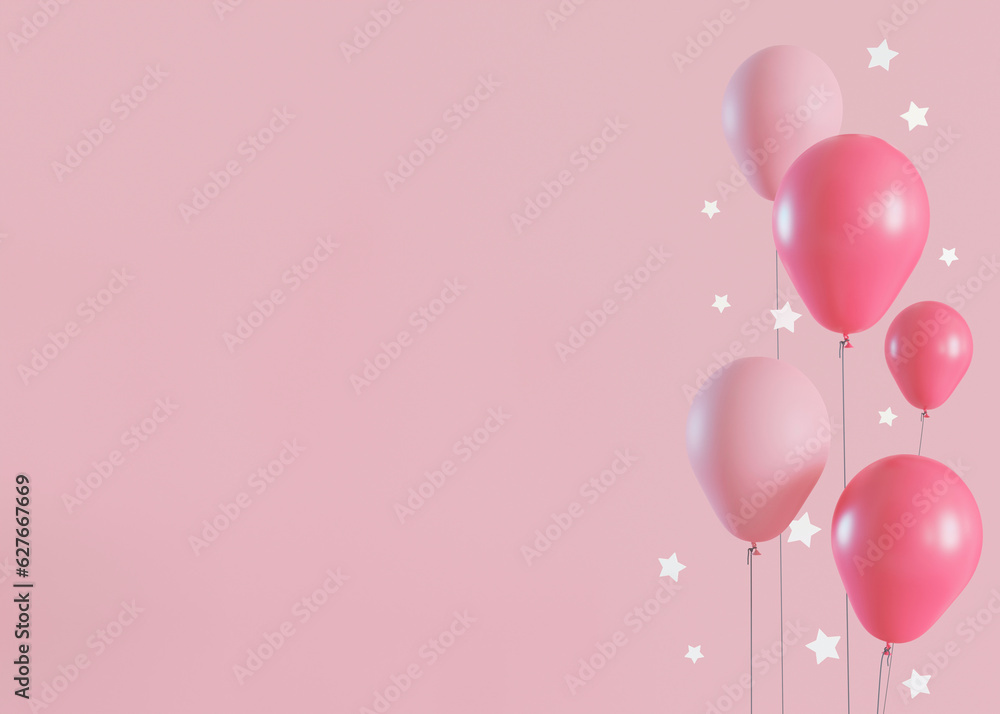 Pink background with helium balloons, stars and copy space. It's a girl backdrop with empty space for text. Baby shower or birthday invitation, party. Baby girl birth announcement. 3D render.