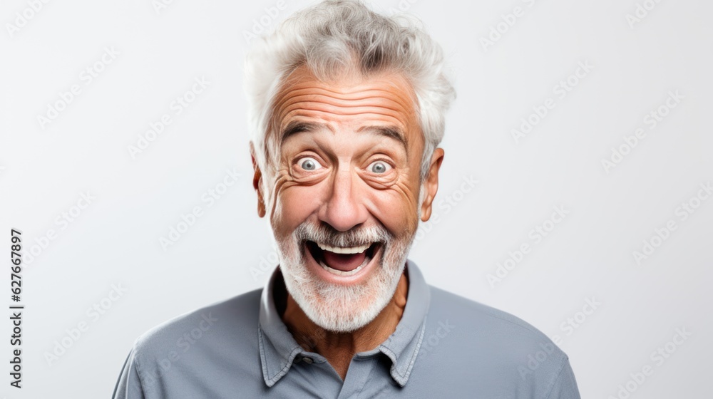 emotional of senior man. white background. happy and funny mood. 