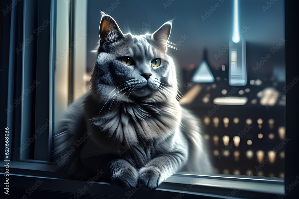The cat sitting by the window and the night city , Generative AI