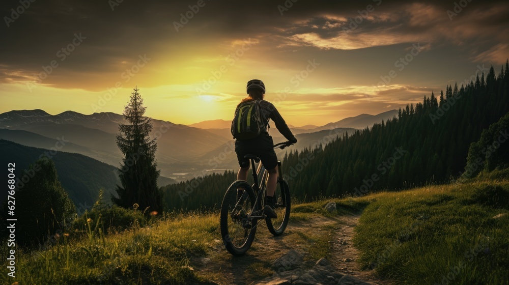 Mountain biking woman riding on bike in summer mountains forest landscape. Generative AI