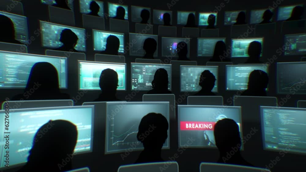 Computer Crowd Image Digital animation of crowd of workers in front of PC screens. View as ...