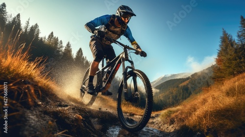 Active male cyclist riding bike on a mountain. Generative AI