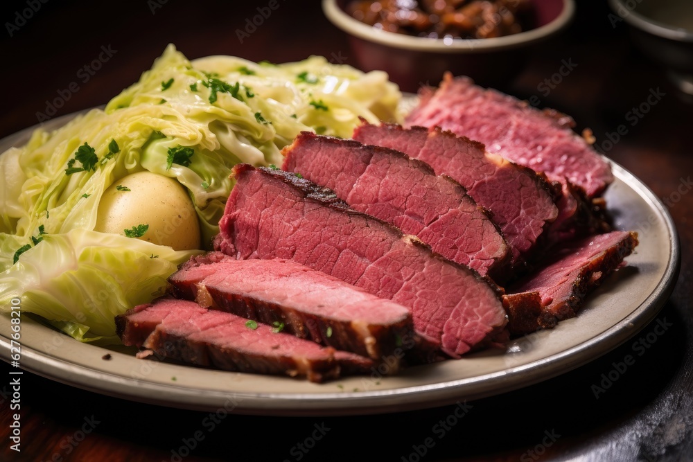 Corned beef is served with mashed potatoes. Generative AI Corned beef is served with mashed potatoes. Generative AI