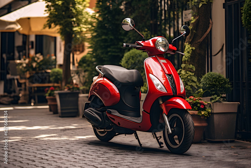 A red scooter parked on a sidewalk in a town