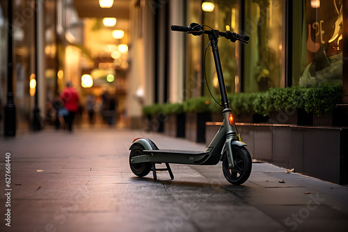 electric push scooter parked on a sidewalk photo