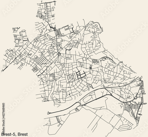 Detailed hand-drawn navigational urban street roads map of the BREST-5 CANTON of the French city of BREST, France with vivid road lines and name tag on solid background