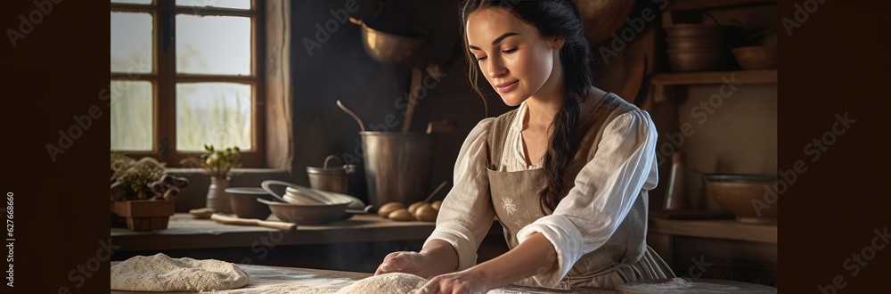 Young woman cooking bread or handmade pizza in the kitchen. Housewife preparing dough on wooden table