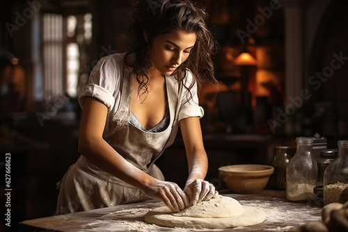 Young woman cooking bread or handmade pizza in the kitchen. Housewife preparing dough on wooden table