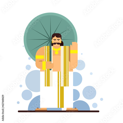 Illustration of King Mahabali holding umbrella. Icon of Onam festival of Kerala
