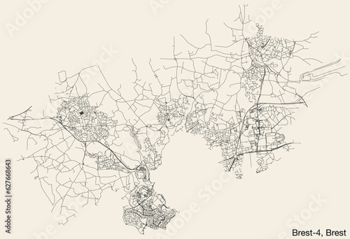 Detailed hand-drawn navigational urban street roads map of the BREST-4 CANTON of the French city of BREST, France with vivid road lines and name tag on solid background