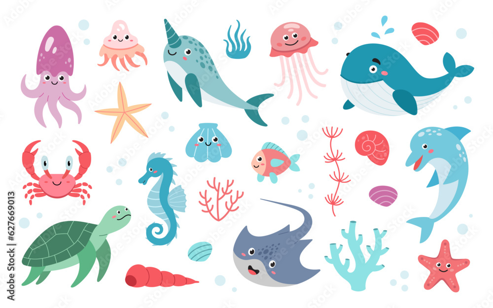 Set of hand drawn ocean creatures. Cartoon Sea animals. Vector doodle style set of sea life objects for design. Vector illustration isolated on white background