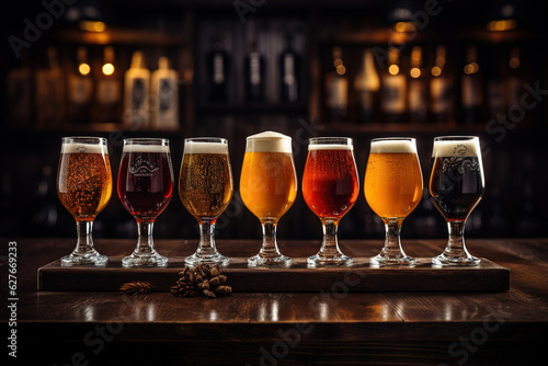Glasses with different sorts of craft beer on bar. Closeup of on glasses of different types of draught beer in a pub.