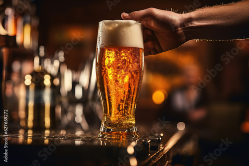 Hand of bartender pouring or on glasses of a large lager beer in tap. Pouring beer for client. Side view of young bartender pouring beer while standing at the bar counter