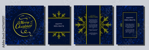 Set of Midnight Blue and Yellow Christmas Template Designs. Beautiful Monochromatic Christmas Backgrounds with blue soft Christmas element patterns. Social Media Story  Card  a4 Poster. Vector. EPS 10