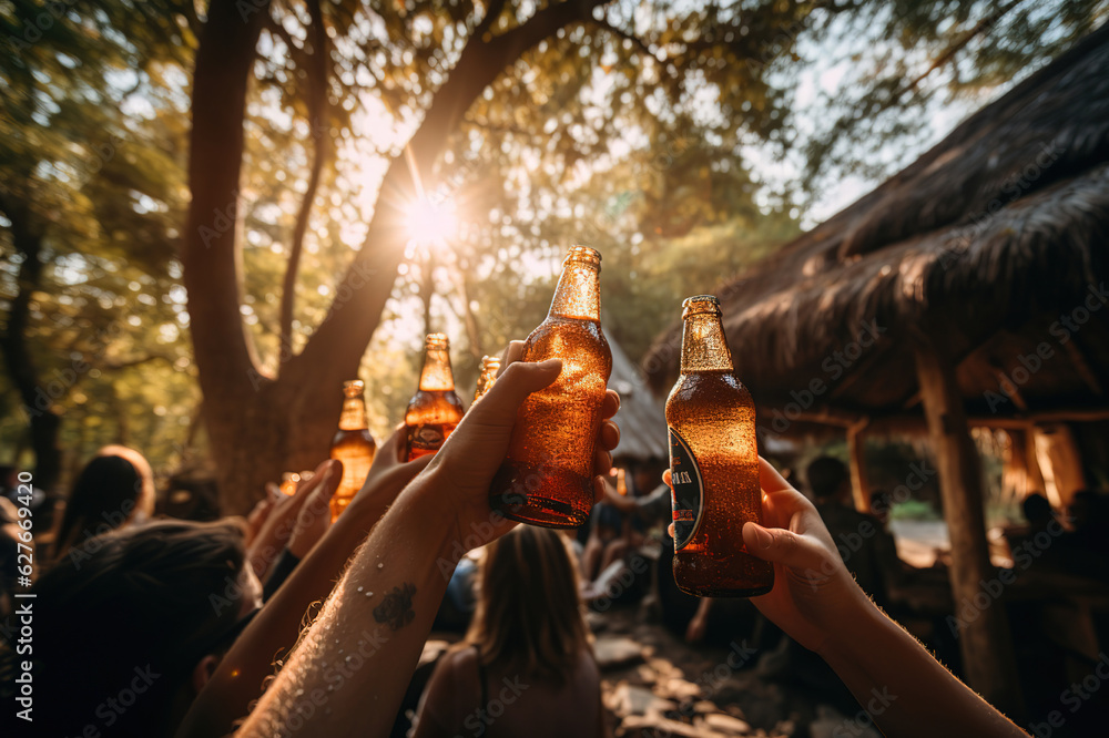 Group of young friends clink bottles of beer in outdoor party
