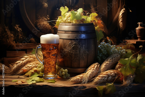 Mug of beer and wheat ears hops and beer barrels on a wooden background