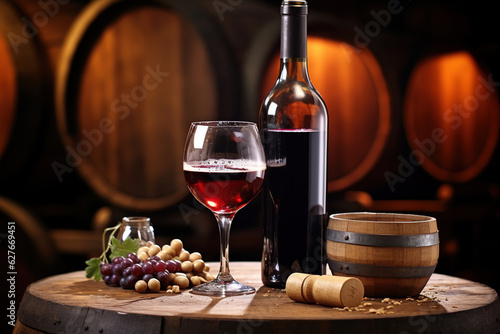 Still-life with wine, Wine in wine glass with grapes and barrel decorative