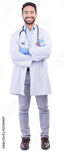 Man, doctor and portrait with arms crossed and smile from healthcare and medical work in studio. Isolated, white background and happy male professional with job success from hospital help with pride