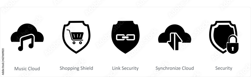 A set of 5 Internet icons as music cloud, shopping shield, link security A set of 5 Internet icons as music cloud, shopping shield, link security