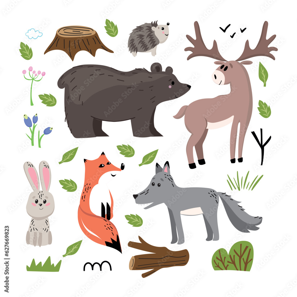 Set of forest animals made in flat style vector. Zoo cartoon collection for children book and posters. Bear, fox, here, hadgehog, deer