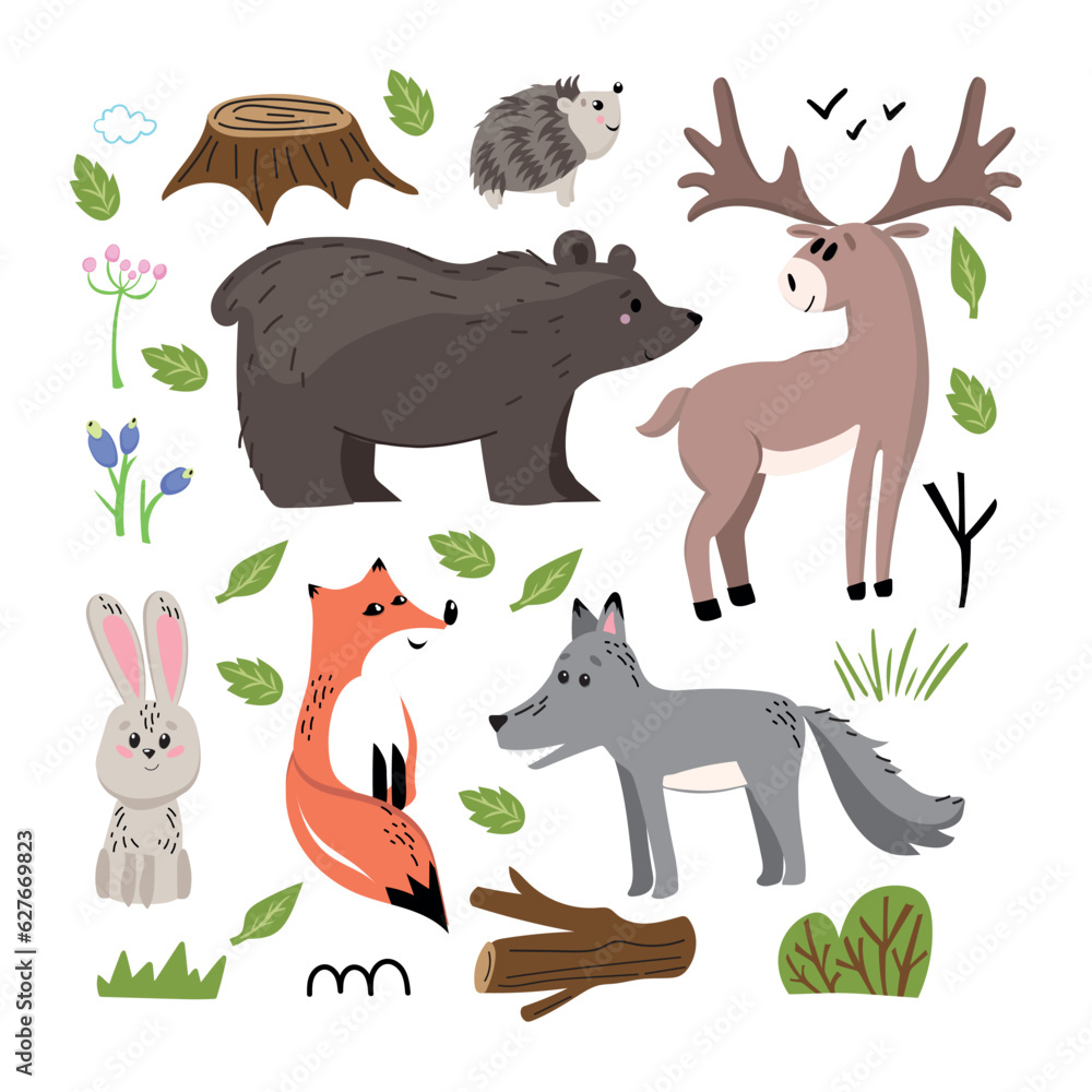 Set of forest animals made in flat style vector. Zoo cartoon collection for children book and posters. Bear, fox, here, hadgehog, deer Set of forest animals made in flat style vector. Zoo cartoon collection for children book and posters. Bear, fox, here, hadgehog, deer