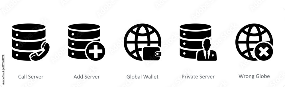 A set of 5 Internet icons as call server, add server, global wallet A set of 5 Internet icons as call server, add server, global wallet