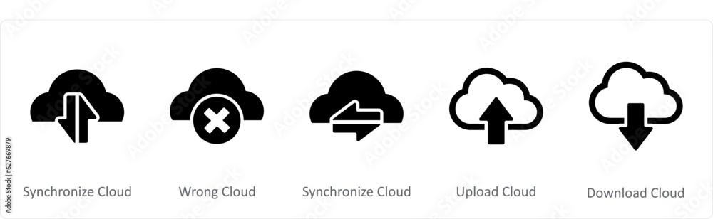A set of 5 Internet icons as synchronize cloud, wrong cloud, upload cloud A set of 5 Internet icons as synchronize cloud, wrong cloud, upload cloud