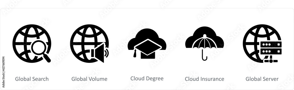 A set of 5 Internet icons as global search, global volume, cloud degree A set of 5 Internet icons as global search, global volume, cloud degree
