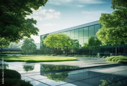 Lots of green plants around the modern glass house