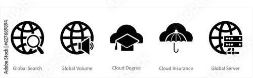 A set of 5 Internet icons as global search, global volume, cloud degree