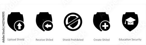 A set of 5 Internet icons as upload shield, receive shield, shield prohibited
