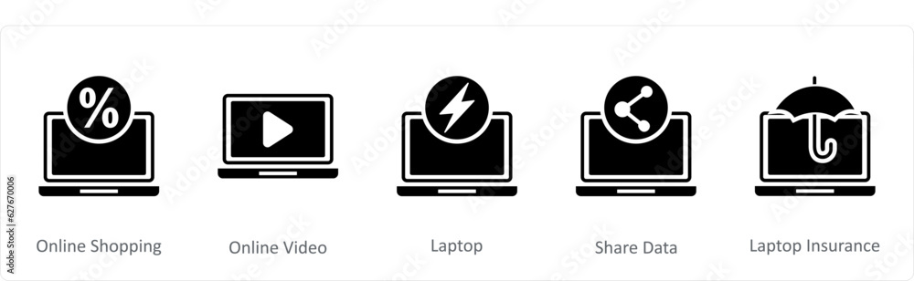A set of 5 Internet icons as online shopping, online video, laptop A set of 5 Internet icons as online shopping, online video, laptop