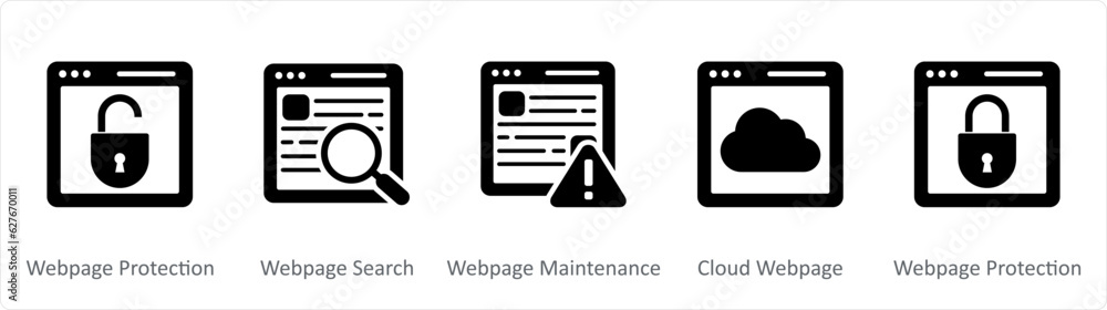 A set of 5 Internet icons as webpage protection, webpage search, webpage maintenance A set of 5 Internet icons as webpage protection, webpage search, webpage maintenance