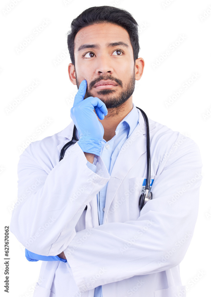 Thinking, doctor and studio with hospital, healthcare and medical vision with focus. Isolated, white background and scientist ideas for clinic and support with male expert and professional in thought Thinking, doctor and studio with hospital, healthcare and medical vision with focus. Isolated, white background and scientist ideas for clinic and support with male expert and professional in thought