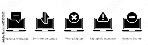 A set of 5 Internet icons as oline conversation, synchronize laptop, wrong laptop