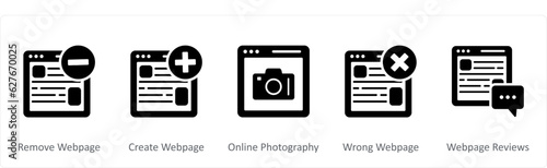 A set of 5 Internet icons as remove webpage, create webpage, online photography