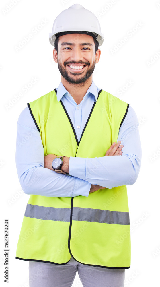 Architect portrait, arms crossed and happy man for building development, real estate or property construction design. Engineer, confidence and studio person for civil engineering on white background Architect portrait, arms crossed and happy man for building development, real estate or property construction design. Engineer, confidence and studio person for civil engineering on white background