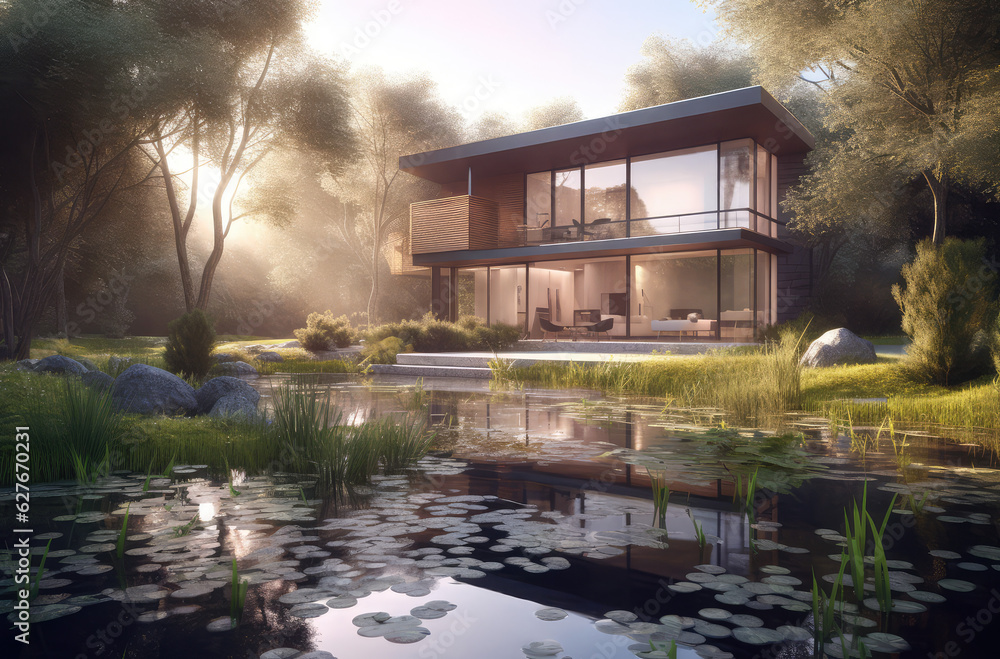 3d model of a modern suburban house surrounded by trees and flowers, generative AI