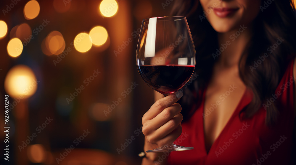 Woman in a stunning red dress, adorned with luscious red lipstick and dark flowing hair, as she holds a glass of exquisite red wine. The dim, romantic background adds a touch of mystery and elegance Woman in a stunning red dress, adorned with luscious red lipstick and dark flowing hair, as she holds a glass of exquisite red wine. The dim, romantic background adds a touch of mystery and elegance