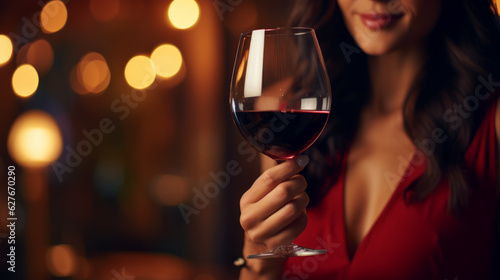 Woman in a stunning red dress, adorned with luscious red lipstick and dark flowing hair, as she holds a glass of exquisite red wine. The dim, romantic background adds a touch of mystery and elegance