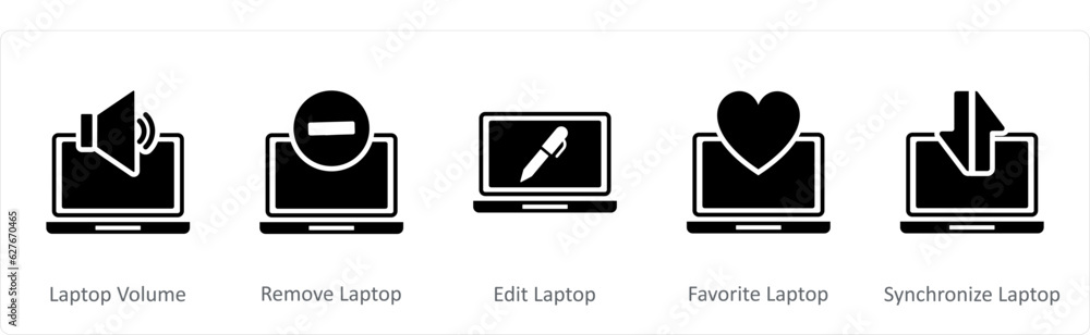 A set of 5 Internet icons as laptop volume, remove laptop, edit laptop A set of 5 Internet icons as laptop volume, remove laptop, edit laptop