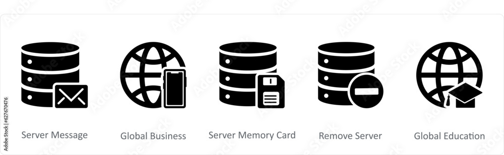 A set of 5 Internet icons as server message, global business, server A set of 5 Internet icons as server message, global business, server