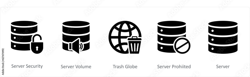 A set of 5 Internet icons as server security, server volume, trash globe A set of 5 Internet icons as server security, server volume, trash globe