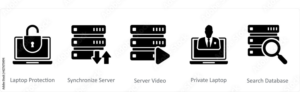 A set of 5 Internet icons as laptop protection, synchronize server, server video A set of 5 Internet icons as laptop protection, synchronize server, server video