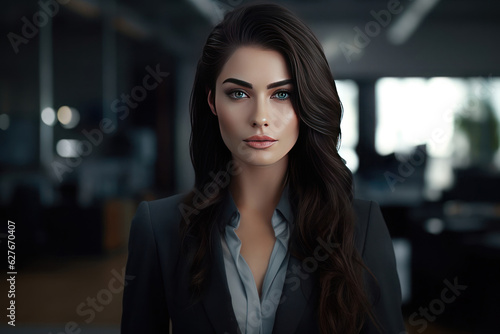 Beautiful woman with dark hair and blue eyes in a jacket in the office, businesswoman. AI generative.
