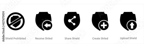 A set of 5 Internet icons as shield prohibited, receive shield, share shield