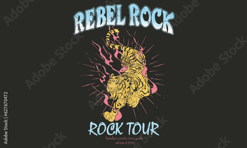 Wild animal graphic print design for apparel, stickers, posters, background . Tiger  face artwork. Rock tour print. Rebel rock vector print design for t shirt and others. 