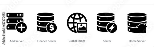 A set of 5 Internet icons as add server, finance server, global image