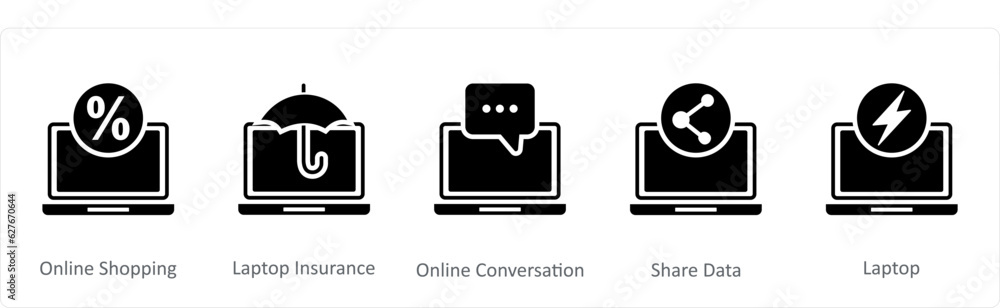 A set of 5 Internet icons as online shopping, laptop insurance, online conversation A set of 5 Internet icons as online shopping, laptop insurance, online conversation