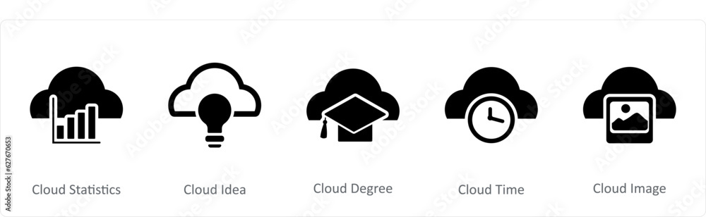 A set of 5 Internet icons as cloud statistics, cloud idea, cloud degree A set of 5 Internet icons as cloud statistics, cloud idea, cloud degree